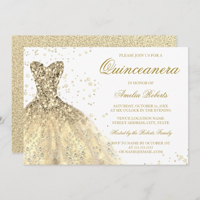 Golden Sparkle Glitter Dress Quinceanera Party Invitation (Front/Back)