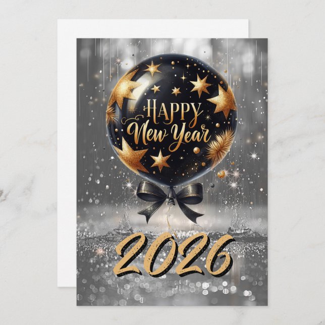 Golden Sparkle New Year Balloon with 2026 Glow Holiday Card (Front/Back)