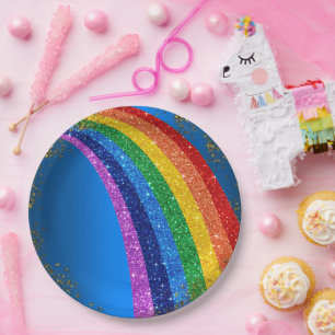 Golden Sparkles and Glitter Rainbow Unicorn Blue Paper Plate
