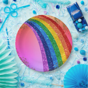 Golden Sparkles and Glitter Rainbow Unicorn Pink Paper Plate