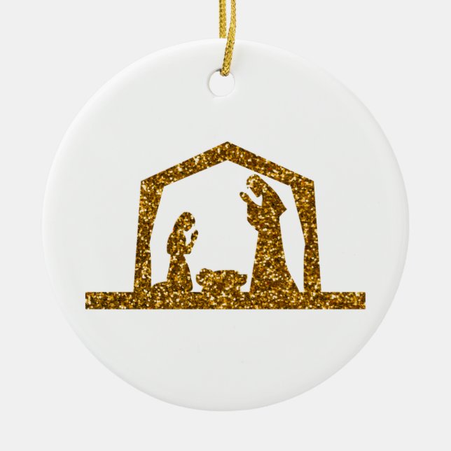 Golden Sparkling Christmas Nativity Scene Ceramic Ornament (Front)