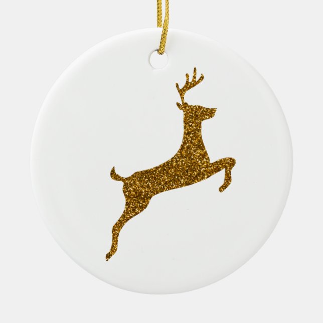 Golden Sparkling Christmas Reindeer Ceramic Ornament (Front)