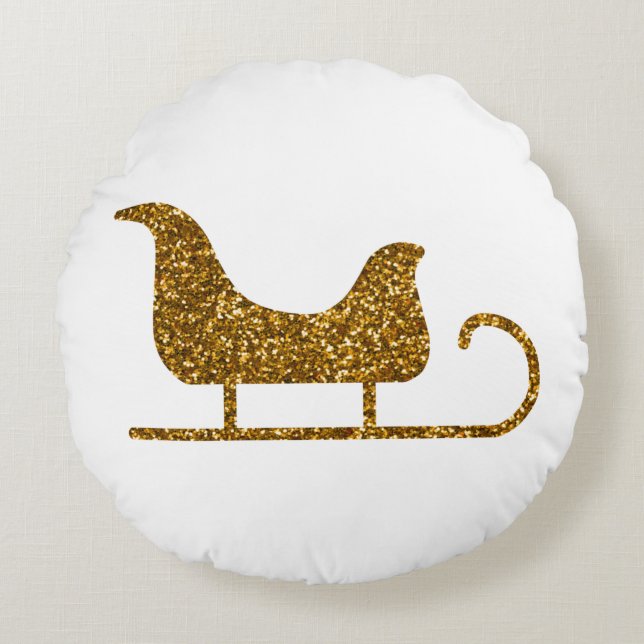 Golden Sparkling Christmas Santa's Sleigh Round Cushion (Front)