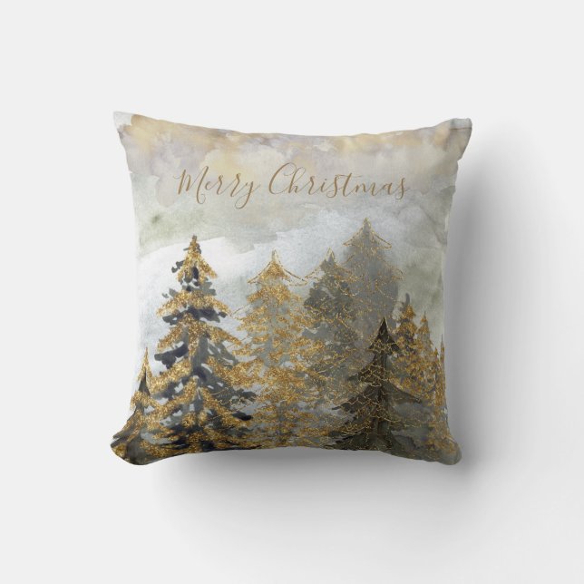 Golden Sparkling Green Christmas Trees Cushion (Front)