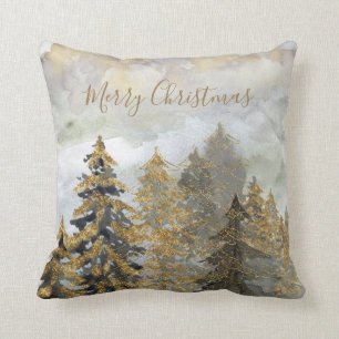Golden Sparkling Green Christmas Trees Cushion