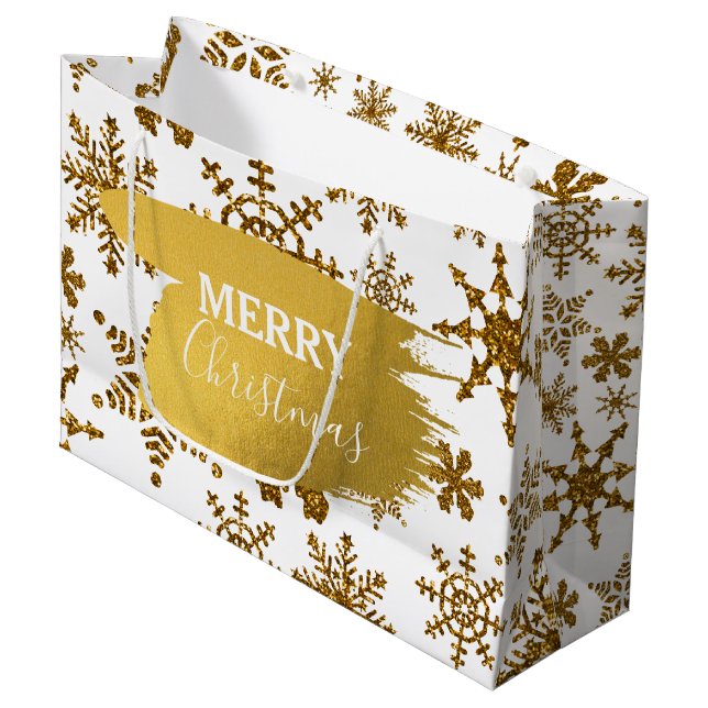 Golden Sparkling Snowflakes Merry Christmas Large Gift Bag (Front Angled)