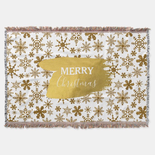 Golden Sparkling Snowflakes Merry Christmas Throw Blanket (Front)