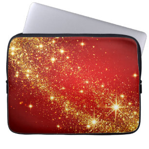 Golden Sparkling Trail on Vibrant Red Background Laptop Sleeve