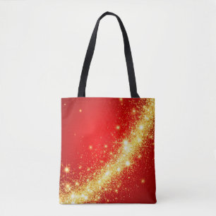 Golden Sparkling Trail on Vibrant Red Background Tote Bag