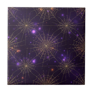Golden Spiderweb Bokeh – Elegant Halloween Web (2) Ceramic Tile