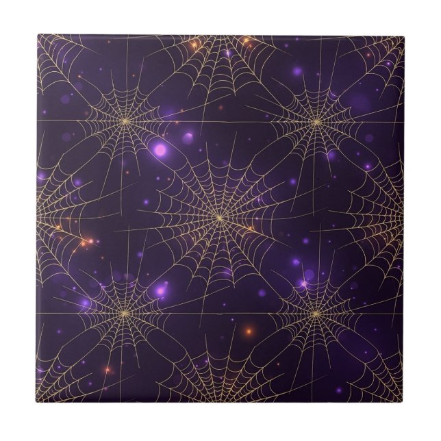 Golden Spiderweb Bokeh – Elegant Halloween Web (2) Ceramic Tile (Front)
