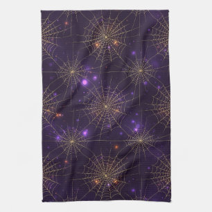 Golden Spiderweb Bokeh – Elegant Halloween Web (2) Tea Towel