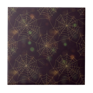 Golden Spiderweb Bokeh – Elegant Halloween Web (3) Ceramic Tile