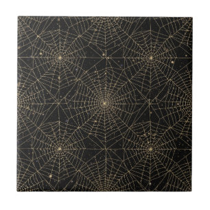 Golden Spiderweb Bokeh – Elegant Halloween Web Ceramic Tile