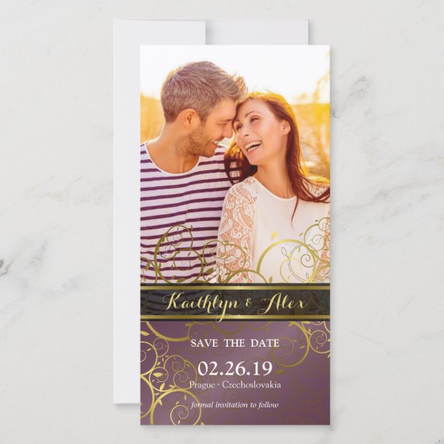 Golden Spiral Vines Purple Elegant Classy Photo Save The Date (Front)
