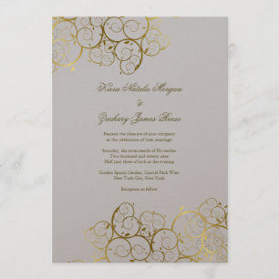 Golden Spirals Vine Classy Light Grey Wedding Invitation