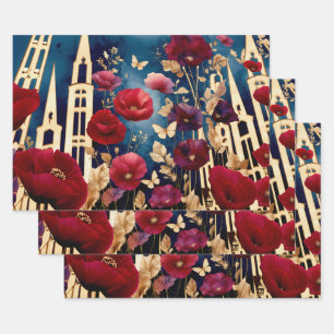 Golden Spires and Crimson Blooms Wrapping Paper Sheet