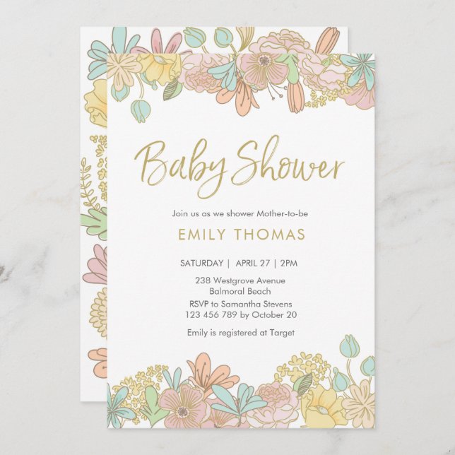 Golden Spring floral Baby Shower Invitation (Front/Back)