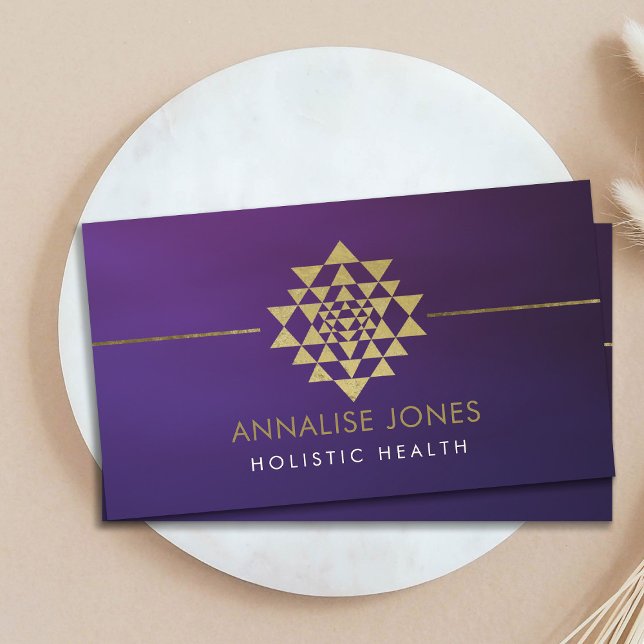 Golden Sri Yantra  / Sri Chakra on purple Business Card (Creator Uploaded)