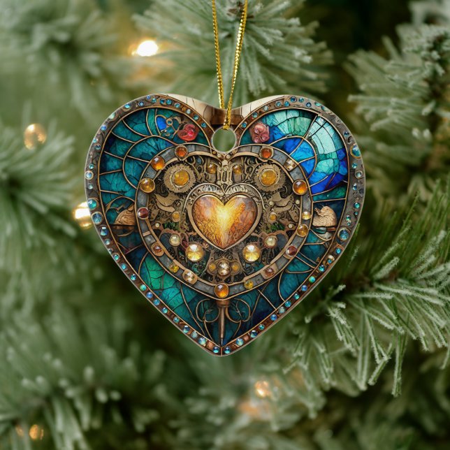 Golden Stained Glass Heart Steampunk Series Ceramic Ornament (Tree)