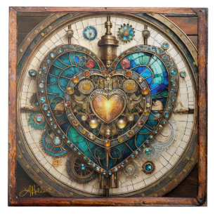 Golden Stained Glass Heart Steampunk Series Ceramic Tile