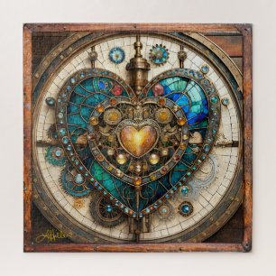 Golden Stained Glass Heart Steampunk Series Jigsaw Puzzle