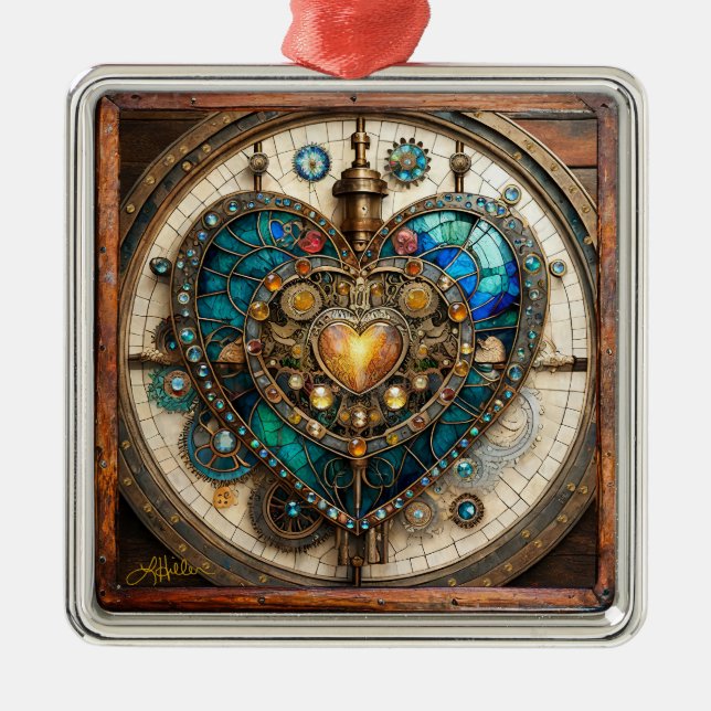 Golden Stained Glass Heart Steampunk Series Metal Ornament (Front)