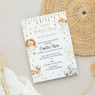 Golden Star Baby Boy Shower Sleeping Forest Animal Invitation