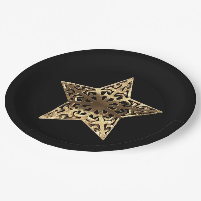 Golden Star Black and Gold Festive Elegant Paper Plate (Angled)