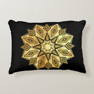 Golden Star Mandala on Black Background Decorative Cushion