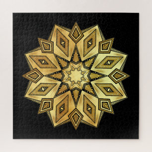 Golden Star Mandala on Black Background Jigsaw Puzzle