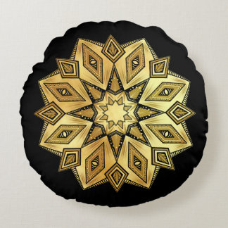 Golden Star Mandala on Black Background Round Cushion