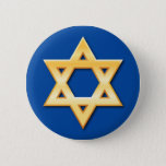 Golden star of David on blue background button<br><div class="desc">Custom button featuring a golden (printed effect made of gradients) star of David on a blue background.</div>