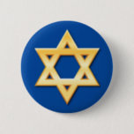 Golden star of David on blue background button<br><div class="desc">Custom button featuring a golden (printed effect made of gradients) star of David on a blue background.</div>