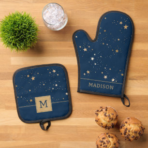Golden Star on Blue Night Pattern Oven Mitt & Pot Holder Set