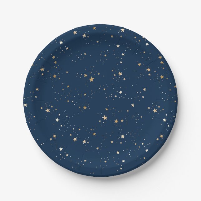 Golden Star on Blue Night Pattern Paper Plate (Front)