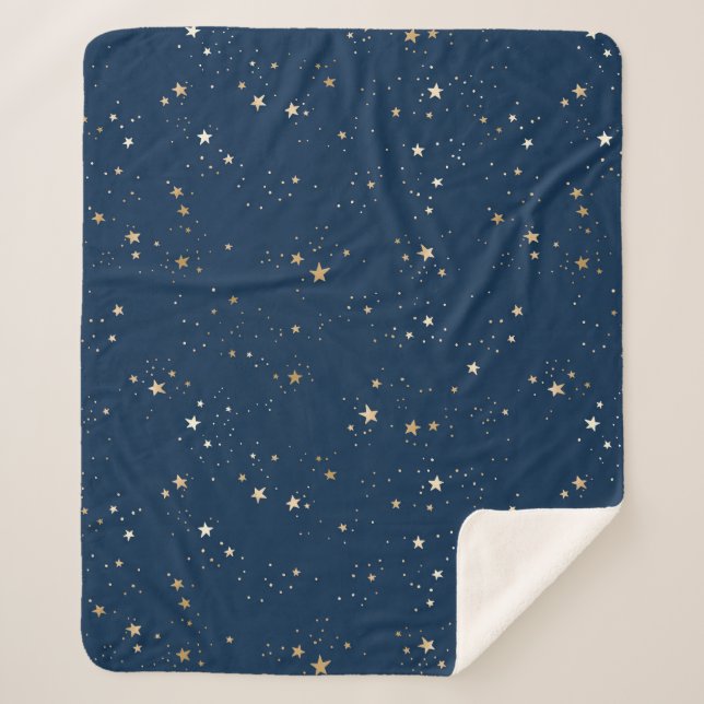 Golden Star on Blue Night Pattern Sherpa Blanket (Front)