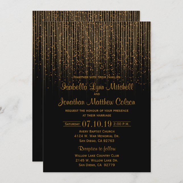 Golden Star Shower and Black Wedding Design Invitation (Front/Back)