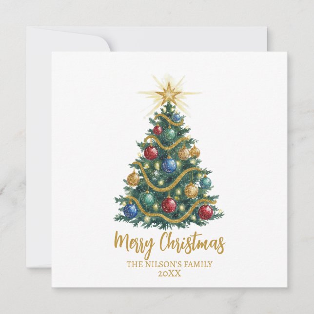 Golden Star watercolor Christmas Tree Card (Front)