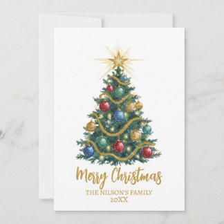 Golden Star watercolor Christmas Tree Card
