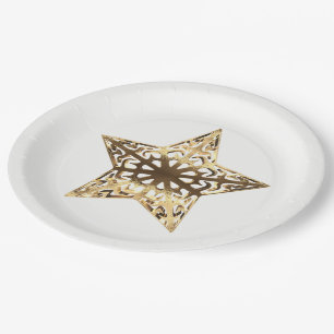 Golden Star White and Gold Festive Elegant Paper Plate