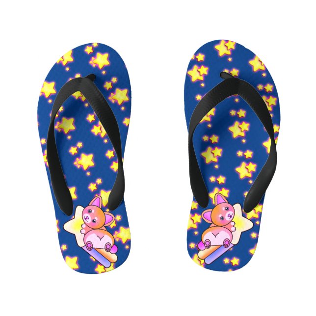 Golden Star with Fluffy Orange Cute Happy Corgi Kid's Thongs (Footbed)