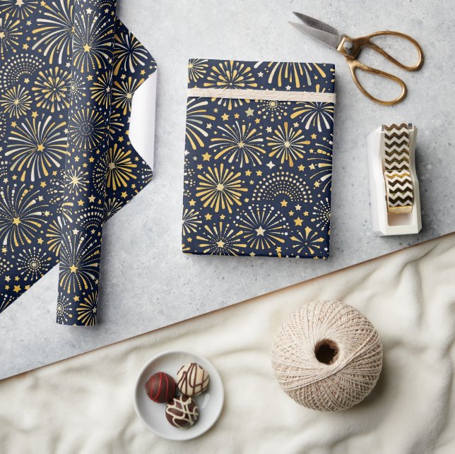 Golden Starburst Fireworks Pattern Wrapping Paper (Crafts)