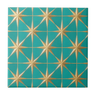 Golden Starburst Geometric Teal Midcentury Ceramic Tile