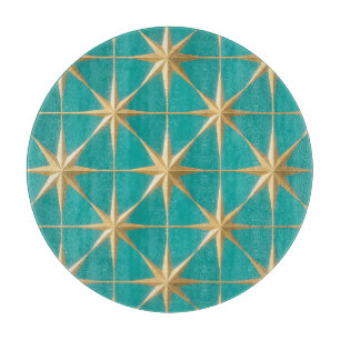Golden Starburst Geometric Teal Midcentury Cutting Board