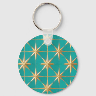 Golden Starburst Geometric Teal Midcentury Key Ring