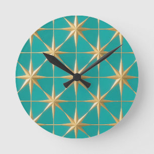 Golden Starburst Geometric Teal Midcentury Round Clock