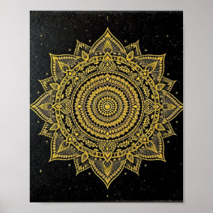 Golden Starburst Mandala on Black Poster