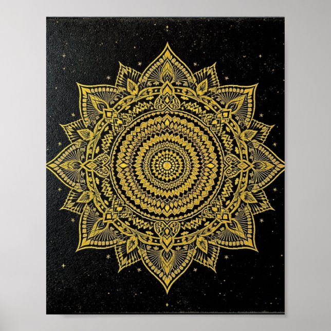 Golden Starburst Mandala on Black Poster (Front)