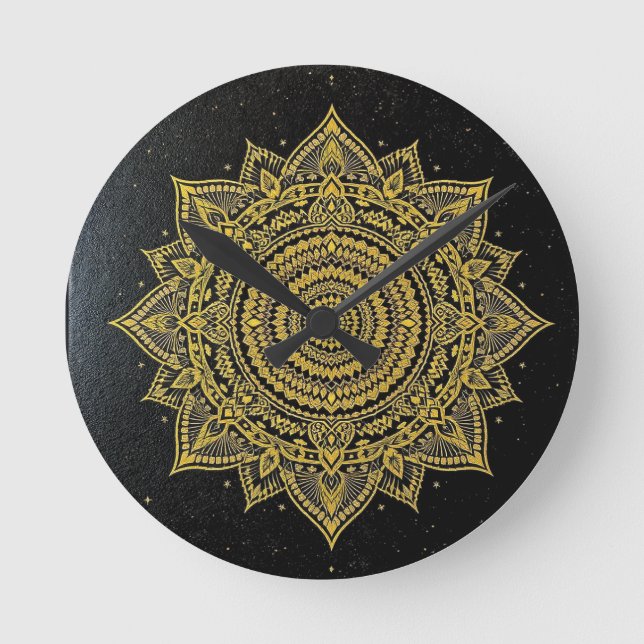Golden Starburst Mandala on Black Round Clock (Front)